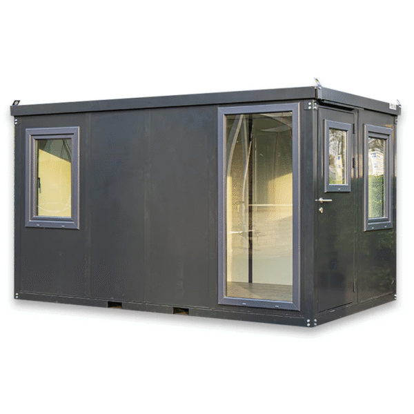 Contenedor de oficina color antracita de 4x2 metros – Con doble ventana y doble puerta